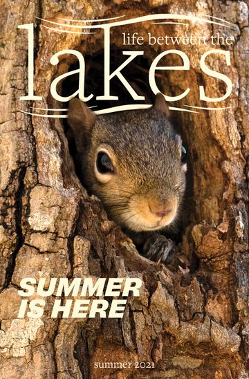 Summer 2021 cover: Summer Is Here, a squirrel peeking out of a tree
